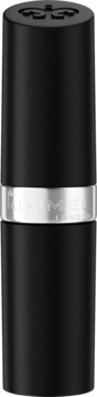 Rimmel Lasting Finish, czarna matowa pomadka do ust ze srebrnym paskiem z logo, widok z przodu.