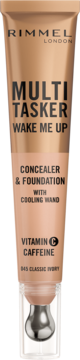 Rimmel Multi Tasker Wake Me Up korektor-podkład 010 Classic Ivory z witaminą C i kofeiną, z chłodzącą końcówką.