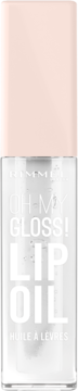 Rimmel Oh My Gloss! Lip Oil w przezroczystej butelce z jasnoróżową zakrętką, widok z przodu.
