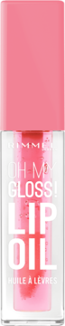 Front view of Rimmel Oh My Gloss! Lip Oil in clear rectangular bottle with pink cap, showing pinkish oil with specks.