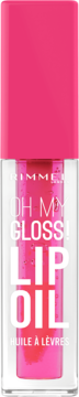 Rimmel Oh My Gloss! Lip Oil w klarownej butelce, wypełniony jaskrawo różowym olejkiem, z różową nakrętką. Widok z przodu.