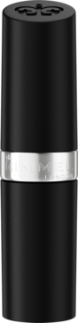 Czarna matowa pomadka Rimmel Lasting Finish, w tubce z błyszczącym srebrnym paskiem i logo, widok z przodu.