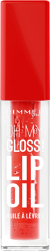 Rimmel Oh My Gloss! Lip Oil, czerwony olejek nawilżający w przezroczystej butelce, widok z przodu.