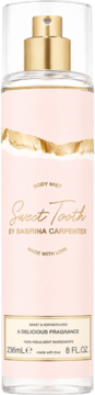 Mgiełka zapachowa Sweet Tooth by Sabrina Carpenter, różowa butelka z złotymi detalami, widok z przodu.