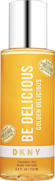DKNY Be Delicious Golden Delicious fragrance mist in a golden yellow bottle with white text, silver cap, front view.