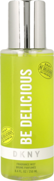 DKNY Be Delicious Fragrance Mist, zielona butelka z srebrną nakrętką i białym napisem, widok z przodu.