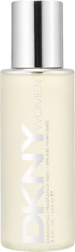 DKNY Women Energizing Fragrance Mist, kremowa butelka z srebrnym korkiem, widok z przodu, logo DKNY.