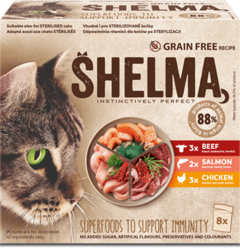 Opakowanie karmy Shelma Grain Free dla kotów, z grafiką kota i tacy z mięsem: 3x wołowina, 2x łosoś, 3x kurczak.