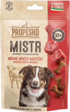 Propesko Mistr miękkie kostki wołowe dla psów, opakowanie z psem, mięsem, kośćmi, 95% białka, bez zbóż.