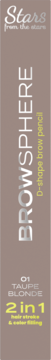 Stars from the Stars Browsphere D-shape brow pencil 01 Taupe Blonde, 2 in 1, on a vertical light brown box.