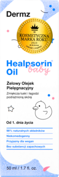 Dermz Healpsorin Oil baby, żelowy olejek pielęgnacyjny 50ml. Białe opakowanie, nagroda 'Kosmetyczna Marka Roku', widok z przodu.