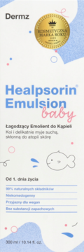 Biała butelka Dermz Healpsorin Emulsion baby 300 ml, emolient do kąpieli, naturalny, wegański, bez zapachu.
