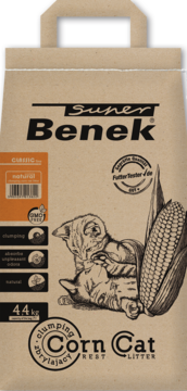 Beżowy worek żwirku Super Benek Corn Cat Litter 4.4kg, zbrylający, naturalny, z rysunkiem kotów i kukurydzy.