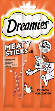Pomarańczowe opakowanie Dreamies Meaty Sticks x6 kurczak dla kota, 90% mięsa, widok z przodu.