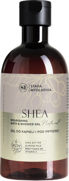 Stara Mydlarnia Shea Nourishing Bath & Shower Gel, brązowa butelka z beżową etykietą i wiśniami, widok z przodu.