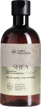 Stara Mydlarnia Shea Nourishing Bath & Shower Gel, brązowa butelka z beżową etykietą i wiśniami, widok z przodu.