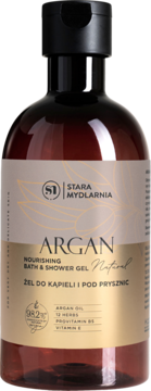 Brązowy żel pod prysznic Argan Stara Mydlarnia, 98.2% naturalny, z beżową etykietą, widok z przodu.