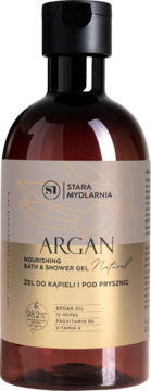 Brązowy żel pod prysznic Argan Stara Mydlarnia, 98.2% naturalny, z beżową etykietą, widok z przodu.