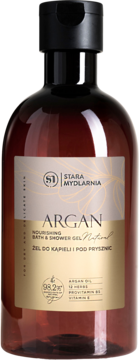 Żel Stara Mydlarnia Argan w brązowej butelce, 98.2% naturalnych składników. Widok z przodu.