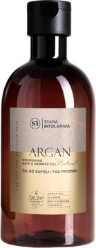 Żel Stara Mydlarnia Argan w brązowej butelce, 98.2% naturalnych składników. Widok z przodu.