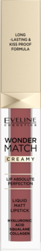 Eveline Wonder Match płynna szminka matowa nr 07. Beżowo-złota tuba z matową, bordową zawartością, widok z przodu.
