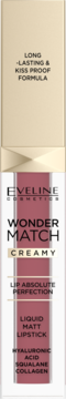 Eveline Wonder Match płynna matowa pomadka nr 08, kiss proof, w pionowej tubce z bladoróżowym płynem, widok z przodu.