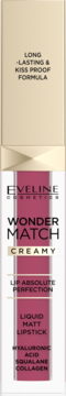 Różowa matowa płynna pomadka Eveline Wonder Match w złoto-różowej tubce, długotrwała i kiss-proof.