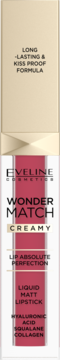 Pomadka Eveline Wonder Match Liquid Matt Lipstick, różowa tubka, złoty korek, długotrwała, widok z przodu.