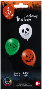 Opakowanie z 3 halloweenowymi balonami LED 30cm: biała czaszka, zielony Frankenstein, pomarańczowa dynia.