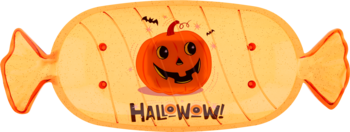 Halloween candy tray w kształcie pomarańczowego cukierka z uśmiechniętą dynią i napisem HALLOWW.
