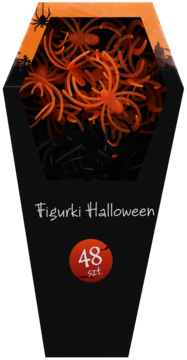 Zestaw 48 figurek Halloween w czarnym hexagonalnym pudełku z oknem, pokazującym pomarańczowe i czarne pająki.
