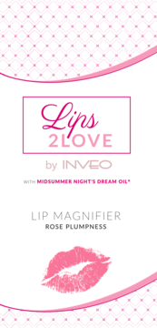 Biało-różowy plakat reklamowy Lips 2 LOVE Lip Magnifier Rose Plumpness, z nadrukiem ust.