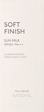 Missha Soft Finish Sun Milk SPF50+ PA+++, mleczko przeciwsłoneczne, jasnobeżowe opakowanie, front.