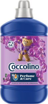 Niebieska butelka Coccolino Perfume & Care płyn do płukania Purple Orchid & Blueberries z misiem, 64 prania.