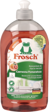 Frosch koncentrat do mycia naczyń Czerwona Pomarańcza, butelka 100% recykling, widok z przodu.
