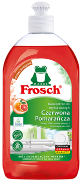 Frosch Koncentrat do naczyń Czerwona Pomarańcza w czerwonej butelce z zieloną etykietą i logo żaby, widok z przodu. Ekologiczny.