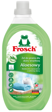 Frosch Aloesowy żel do prania dla skóry wrażliwej w zielonej butelce z logo żaby, widok z przodu.