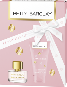 Różowy zestaw Betty Barclay Happiness z białą wstążką, zawiera wodę toaletową i kremowy żel pod prysznic.
