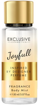 Mgiełka do ciała Joyfull Exclusive Cosmetics 150 ml, w butelce z beżowo-złotą etykietą, widok z przodu.