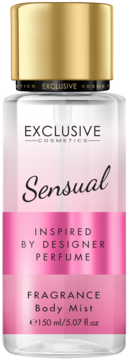 Różowy Sensual FRAGRANCE Body Mist Exclusive Cosmetics 150ml, przezroczysta butelka z złotą nakrętką, widok z przodu.