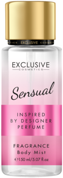 Różowy Sensual FRAGRANCE Body Mist Exclusive Cosmetics 150ml, przezroczysta butelka z złotą nakrętką, widok z przodu.