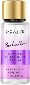 Butelka mgiełki Seductive Exclusive Cosmetics 150ml, przezroczysta z fioletowo-różową etykietą i złotą zakrętką, widok z przodu.
