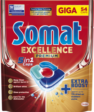 Czerwono-złote opakowanie Somat Excellence Premium 5w1 Caps GIGA 54 szt., z detalem kapsułek, widok z przodu.