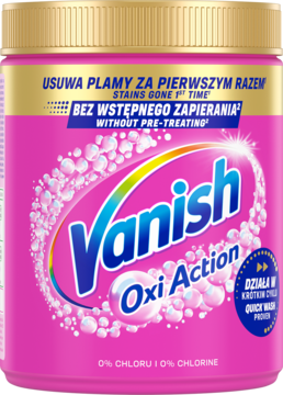 Różowe opakowanie Vanish Oxi Action, odplamiacz do tkanin, z napisem „USUWA PLAMY ZA PIERWSZYM RAZEM”.