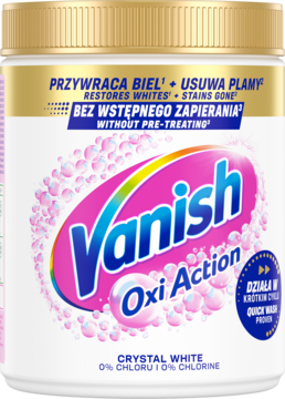Vanish Oxi Action Crystal White proszek do bieli w białej tubie, widok z przodu. Bez chloru, usuwa plamy.