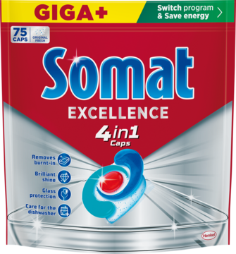 Somat Excellence 4in1 kapsułki do zmywarki, czerwona saszetka 75 szt. z transparentnym oknem, widok z przodu.