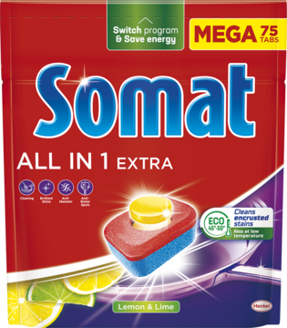 Tabletki Somat All in 1 Extra Lemon & Lime, 75 szt. w czerwonym opakowaniu, widok z przodu z cytrynami.
