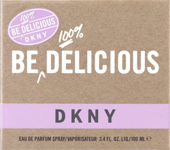 Kartonik perfum DKNY Be Delicious 100ml, brązowy z fioletowym paskiem i białymi napisami. Widok z przodu.