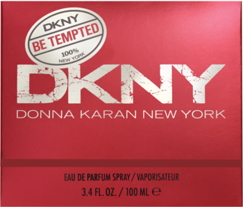 Czerwone opakowanie perfum DKNY Be Tempted EDP 100ml, z białym logo i okrągłą etykietą, widok z przodu.