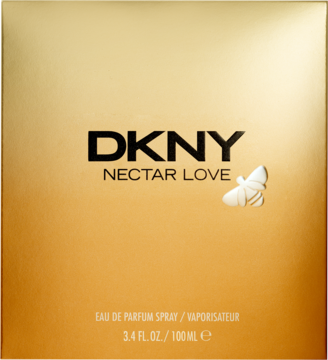 Złote, kwadratowe pudełko wody perfumowanej DKNY Nectar Love, czarne logo i biały motyl.